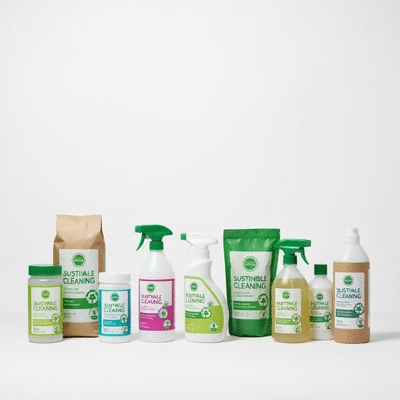 Assortment of sustainable cleaning products on a clean surface