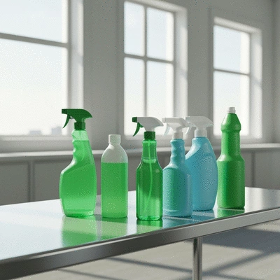 Eco-friendly cleaning supplies on a clean surface in a commercial setting