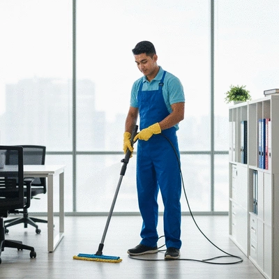 Professional cleaner disinfecting an office space with modern equipment
