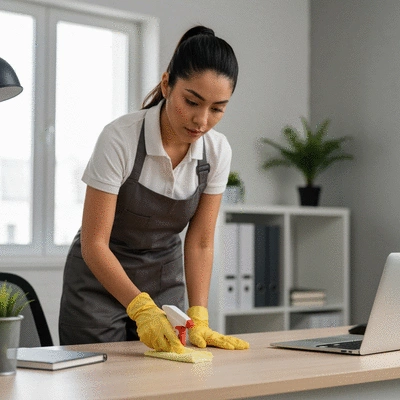 Close-up of a professional cleaner using a modern, eco-friendly cleaning product on an office desk, illustrating attention to detail