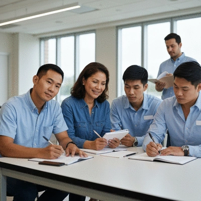Diverse team of facility managers participating in a training session, engaged and taking notes