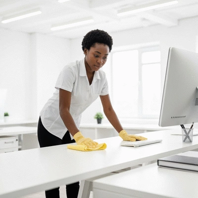 Professional cleaning staff using eco-friendly products in a modern office environment