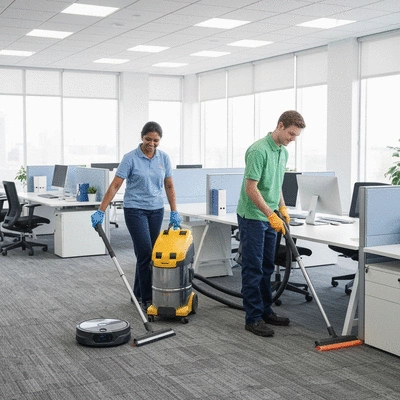 Professional commercial cleaning team tidying an office space, with modern equipment and a bright, clean environment