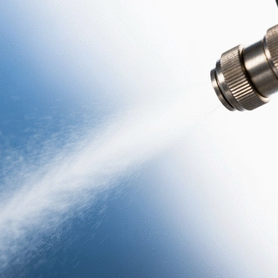 Close-up of an electrostatic sprayer nozzle emitting fine mist