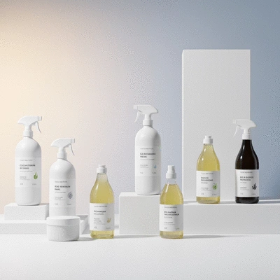 Eco-friendly cleaning products on a clean surface, emphasizing natural ingredients