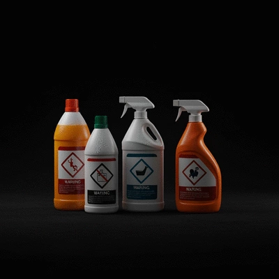 Traditional cleaning products with hazard symbols