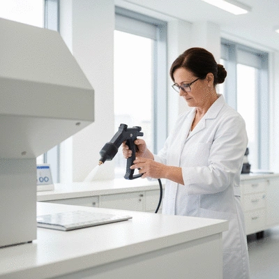 Professional using an electrostatic sprayer in a modern office environment