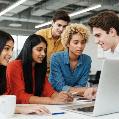 Diverse commercial cleaning team members collaborating and smiling during an onboarding session