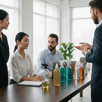 Professionals collaborating in a modern office, discussing sustainable cleaning practices, with eco-friendly cleaning product bottles visible on a table, no text, no words, no typography, no labels, clean image