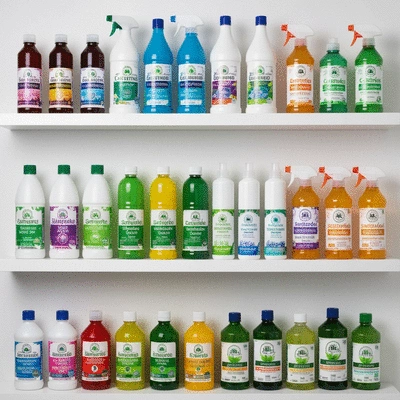 Diverse range of certified sustainable cleaning products neatly arranged on a shelf, brightly lit, no text, no words, no typography, no labels, clean image