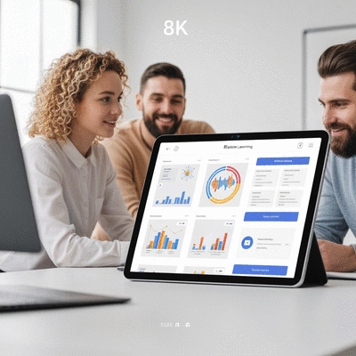 Digital interface showing a blended learning approach with e-learning modules and a team collaborating in a workshop