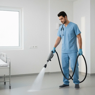 Healthcare worker using disinfection equipment in a hospital setting