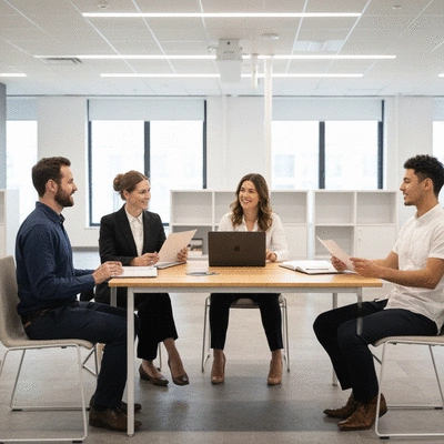 Professional cleaning staff receiving training in a modern office environment