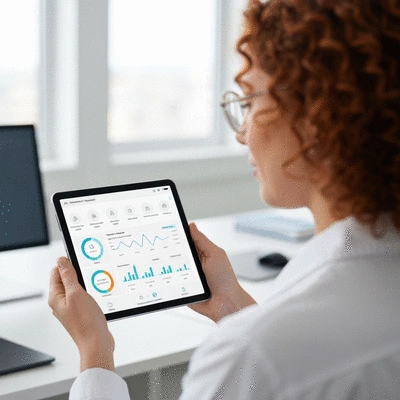 Facility manager monitoring smart disinfection device dashboard on a tablet